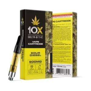 Close-up of 10X D8 Vape Cart - 900mg Sour Diesel, a sativa strain, displayed in sleek packaging with a clear 1ml cartridge.