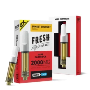 2000mg THCP and Delta 8 vape cartridge in Sunset Sherbet flavor, offering a smooth Indica experience with a 2ml capacity.