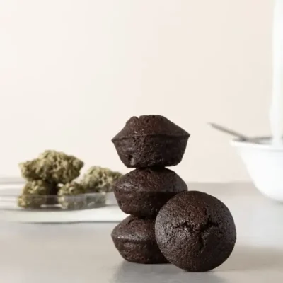 A close-up view of Andy’s THC Brownie Bites, showcasing rich chocolate textures and perfectly baked bite-sized portions