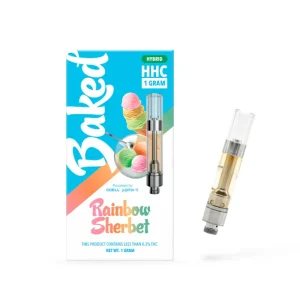 Baked 1 Gram HHC Cartridge featuring the Rainbow Sherbet flavor, elegantly packaged with vibrant colors and sleek design, set against a clean white background.