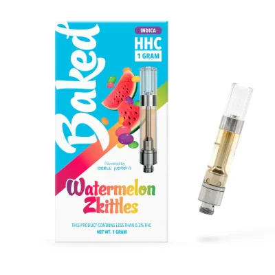 Baked 1 Gram HHC Cartridge featuring the Watermelon Zkittles flavor, with a vibrant design and sleek packaging, sitting on a white background.