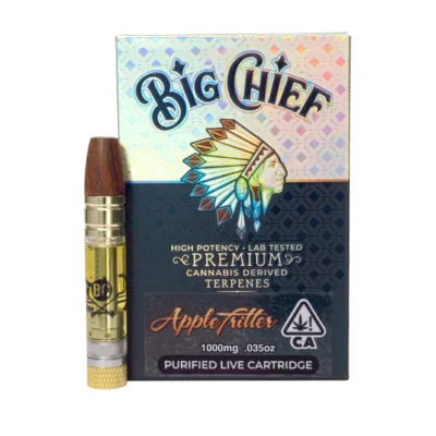 Close-up of Big Chiefs Premium Live Cartridge, showcasing a sleek design with a label that reads "High Potency Lab Tested Cannabis Derived Terpenes" in gold and black tones, 1000mg capacity, 0.35oz.