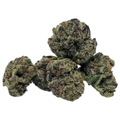 Close-up of Black Runtz cannabis buds showing dark purple hues, frosty trichomes, and vibrant orange hairs on a clean white background.