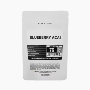 STIIIZY Blueberry Acai Indica strain in a 7G White Label Mylar package with stylish branding.