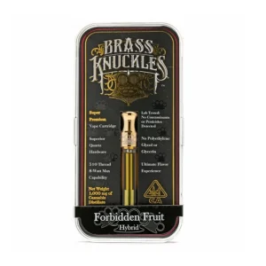 Brass Knuckles 1g THC Vape Cartridge in Forbidden Fruit Hybrid flavor, featuring premium cannabis oil for a sweet, earthy vaping experience.