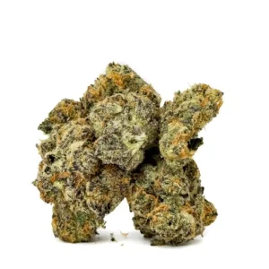 Vivid close-up of Candyland cannabis buds with frosty trichomes, bright green hues, and golden-orange pistils, set against a plain white background.