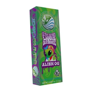 Cannaclear Alien OG Vape Cartridge highlighting its premium build and potent cannabis oil infused with earthy and citrus flavors.