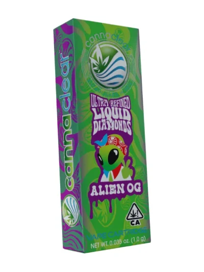 Cannaclear Alien OG Vape Cartridge highlighting its premium build and potent cannabis oil infused with earthy and citrus flavors.
