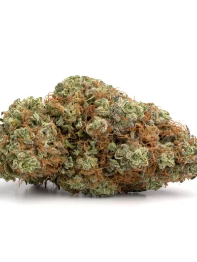 Close-up of Chemdawg cannabis buds showcasing its dense, frosty texture and earthy green colors with orange pistils on a clean white background.