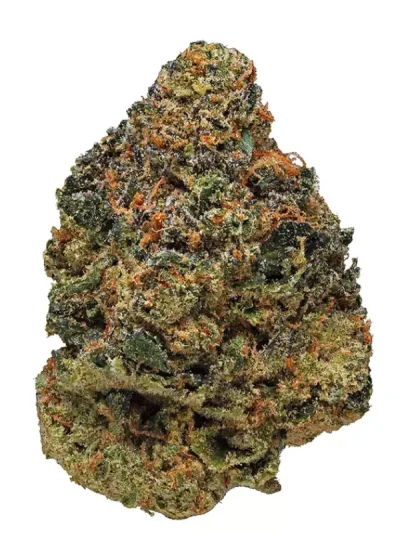 Close-up of Cherry Pie cannabis buds showing its bright green color, frosty trichomes, and red-tinged pistils on a clean white background.