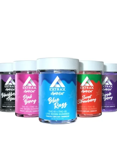 Delta Extrax THCh, THCjd Lights Out Gummies on a clean white background, showcasing a potent 3500mg THC blend for restful relaxation.