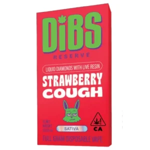 Dibs Reserve Strawberry Cough Liquid Diamonds AIO vape pen, offering sweet strawberry flavors and potent cannabis extract in a portable, ready-to-use device, displayed on a white background.