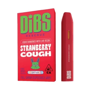 Dibs Reserve Strawberry Cough Liquid Diamonds All-In-One vape, featuring premium cannabis extract with a sweet strawberry flavor and sleek design, on a plain white background.