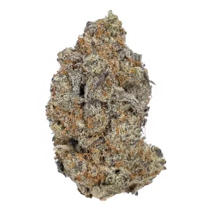 Resin-rich Frosty cannabis buds with dense green tones, shimmering trichomes, and vibrant orange pistils, displayed on a clean white background.