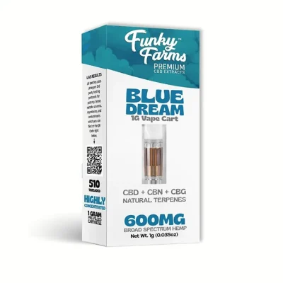 Funky Farms CBD Cartridge (600mg) featuring Blue Dream strain, showcasing the clear CBD oil in a sleek, transparent cartridge against a plain white background.