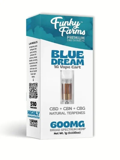 Funky Farms CBD Cartridge (600mg) featuring Blue Dream strain, showcasing the clear CBD oil in a sleek, transparent cartridge against a plain white background.