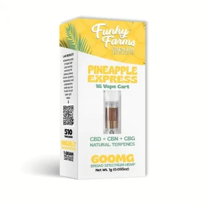 Funky Farms CBD Cartridge (600mg) with Pineapple Express strain, showing the clear CBD oil in a sleek, transparent cartridge set against a clean white background.