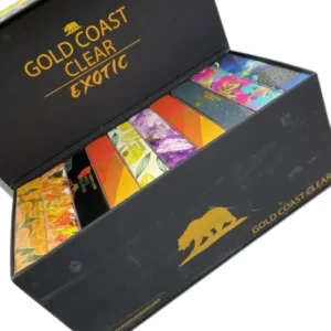 Gold Coast Clear Exotic Edition Cartridges with premium packaging, featuring 85% THC distillate and lab-tested quality for an exceptional vaping experience.