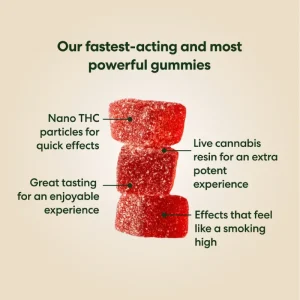 Hero Dose Rapid Onset THC Gummies, emphasizing their fast-acting effects, with a noticeable speed to relax and uplift, displayed on a clean white background.