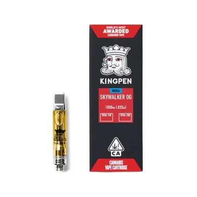 Kingpen Skywalker OG vape cartridge showcasing its sleek design, crafted for delivering a robust and calming indica experience.