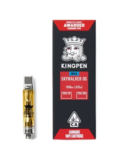 Kingpen Skywalker OG vape cartridge showcasing its sleek design, crafted for delivering a robust and calming indica experience.