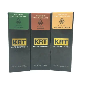 KRT Donut Inspired Carts (1000MG) in Jelly Donut flavor, showcasing donut-themed packaging with a premium vape cartridge designed for indica enjoyment.
