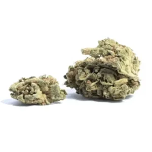 Dried Northern Wreck cannabis buds with frosty trichomes, deep green tones, and bright orange pistils, displayed on a clean white background.
