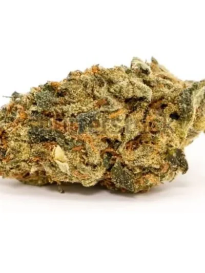 Close-up of OG Trainwreck cannabis buds featuring frosty trichomes, light green tones, and orange pistils on a clean white background.
