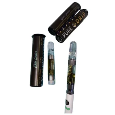 Pure Drip 1G cannabis cartridge showcasing its clean, high-quality extract with a sleek design, perfect for smooth and flavorful vaping experiences.