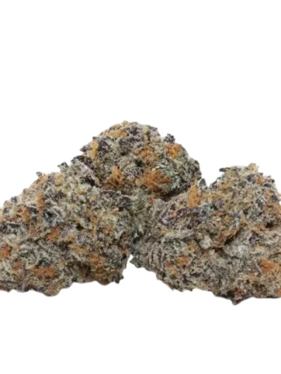 Close-up of dried Pure Michigan cannabis flowers with frosty trichomes, deep green hues, and subtle hints of purple on a white background.