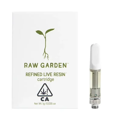 Raw Garden Refined Live Resin Cartridge, showcasing the clear, golden concentrate with a sleek and modern cartridge design.