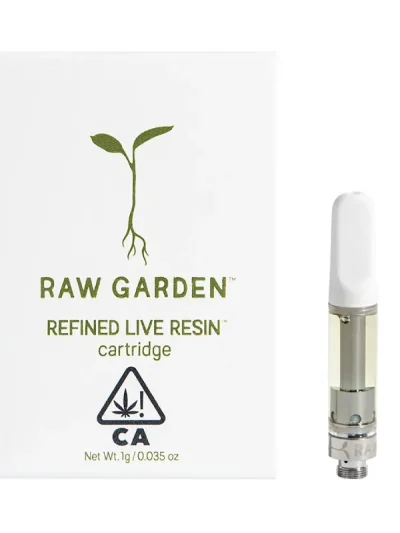 Raw Garden Refined Live Resin Cartridge, showcasing the clear, golden concentrate with a sleek and modern cartridge design.