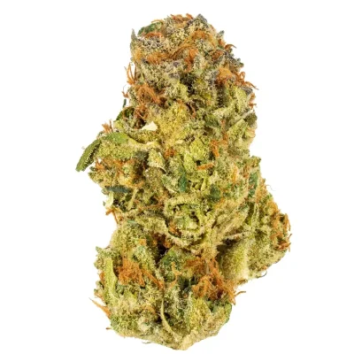 Dried Strawberry Guava cannabis buds with frosty trichomes, vibrant green tones, and subtle orange pistils, displayed on a clean white background.