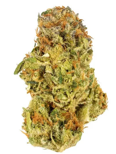 Dried Strawberry Guava cannabis buds with frosty trichomes, vibrant green tones, and subtle orange pistils, displayed on a clean white background.