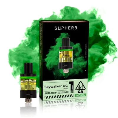 Supherb Skywalker OG cartridge, showcasing premium cannabis oil with vibrant labeling and sleek design, set against a clean white background.