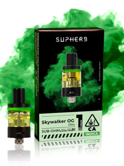 Supherb Skywalker OG cartridge, showcasing premium cannabis oil with vibrant labeling and sleek design, set against a clean white background.