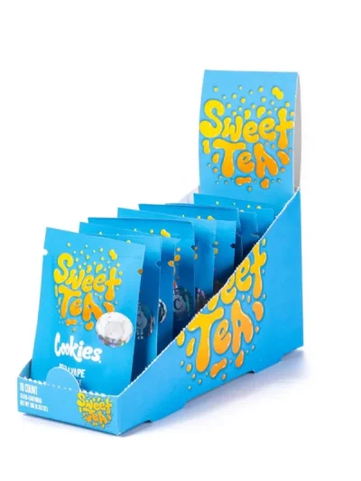 Delta 8 Sweet Tea vape cartridges, 1g 510-thread design, packaged in a convenient 10-pack for smooth and flavorful vaping.