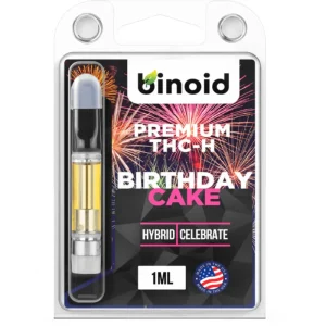 THC-H Vape Cartridge in Birthday Cake flavor, featuring its premium design and expertly formulated cannabis oil for relief from pain, anxiety, and insomnia.