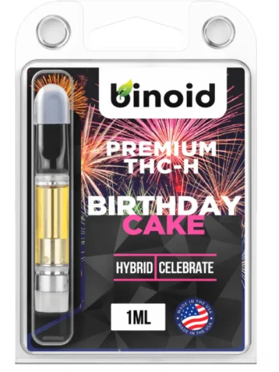 THC-H Vape Cartridge in Birthday Cake flavor, featuring its premium design and expertly formulated cannabis oil for relief from pain, anxiety, and insomnia.